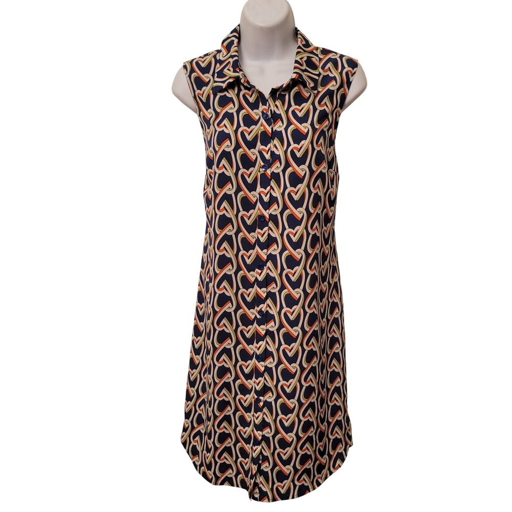 Cabi S Shirt Dress Blue Heart Geo Print‎ Sleeveless Button Front 5370 ARMOUR